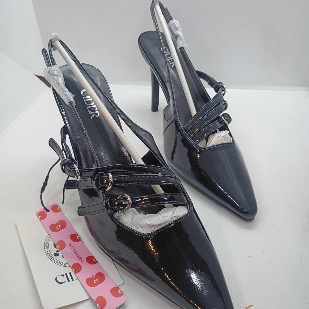 Cider Black Patent Pointed Slingback Heels with Double Buckle Straps Size 8